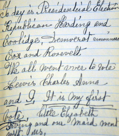 This page of Hannah Ambler's diary from 1920 records her casting her first ever ballot in the 1920 election.