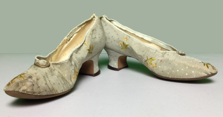 A pair of the high-heeled shoes like one "Ridgefield Press" columnist believed would prevent women from ever become completely liberated. From the Wilton Historical Society permanent collection.
