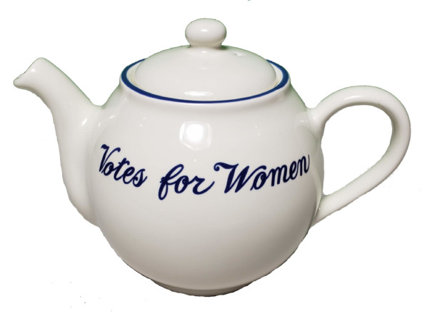 This tea pot is a replica of one used to serve tea at a suffrage meeting in Newport, Rhode Island in 1914. Courtesy of the Lockwood-Mathews Mansion Museum.